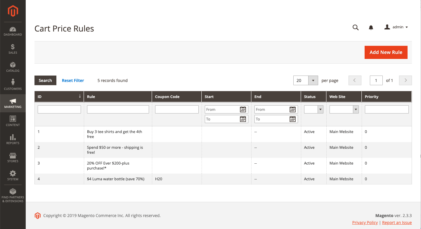 price rule cart setting in Magento store